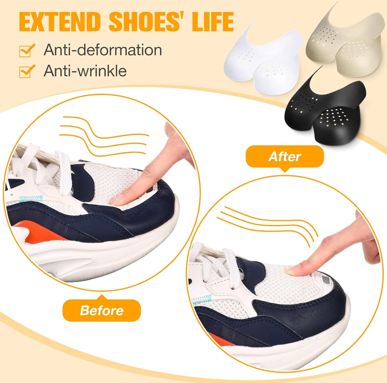 3 pairs Anti-Wrinkle Shoe Protector – Sneaker Shoe Guards No-Crease Insert Toe Shield for Men & Women, Trimmable Fit, Black/White/Grey